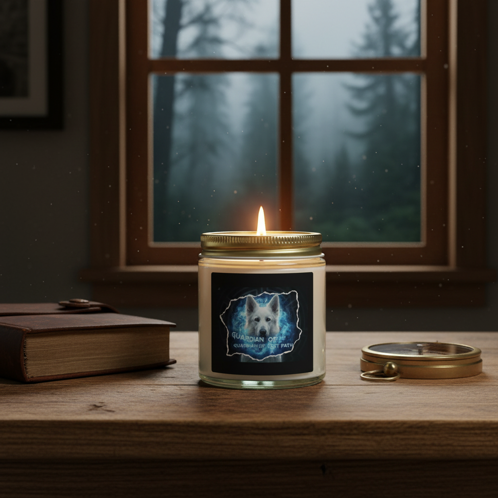 A high-resolution photograph of the "Guardian of the Lost Path" scented candle burning steadily on a rustic, reclaimed oak table. Next to it lies a leather-bound journal and an antique brass compass. The setting is a cozy, dimly lit study with a large window looking out onto a misty forest at twilight. The flame casts a warm, inviting glow.