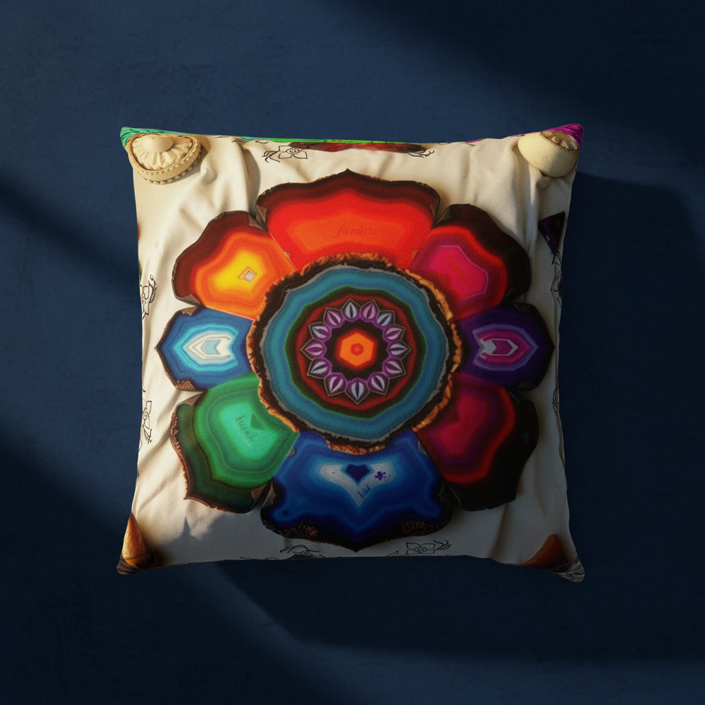 A close-up, cinematic product shot of the mandala pillow against a deep, moody indigo textured background. 
 