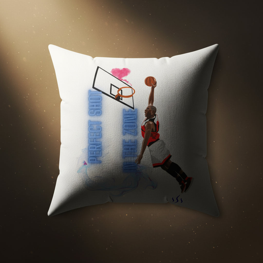  A cinematic, high-contrast shot of the basketball dunk pillow against a backlit, hazy arena background. Dust motes dance in shafts of golden light illuminating the textured fabric of the pillow, emphasizing its silhouette and premium quality. The atmosphere is intense and aspirational. 