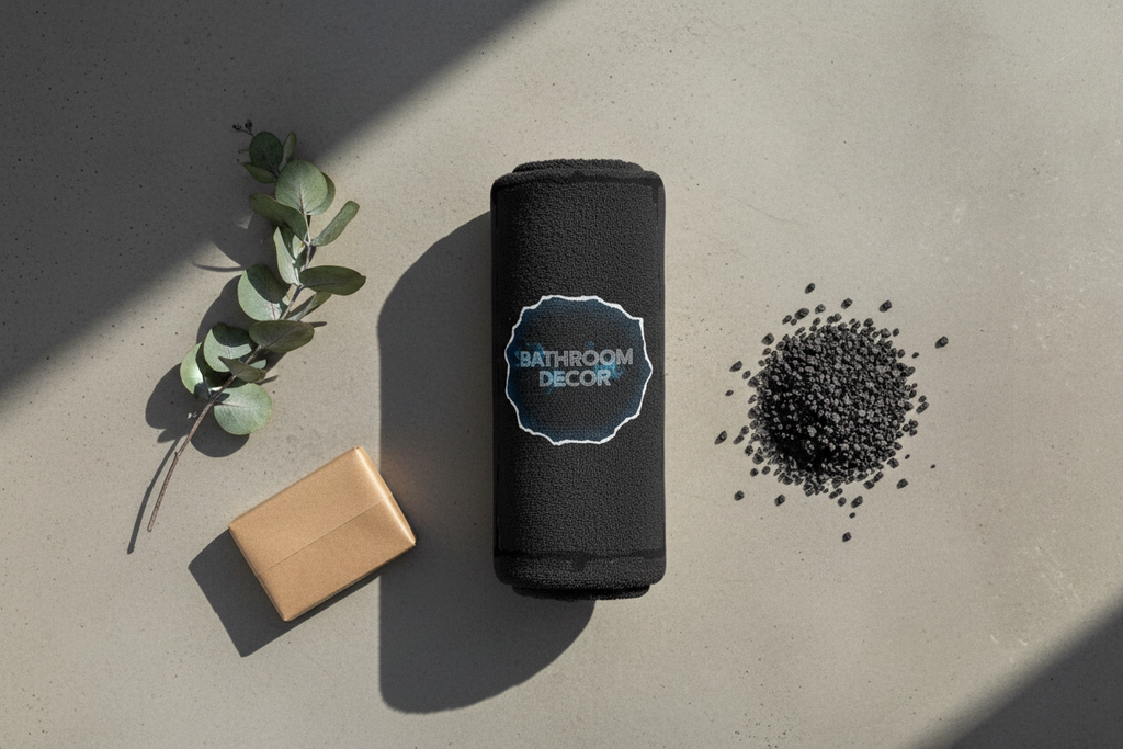 An Instagram-worthy flat lay on a polished concrete surface. The black spa towel is rolled tightly, accompanied by a dried eucalyptus branch, a luxury artisan soap bar in minimalist packaging, and a small pile of volcanic bath salts. Clean, elegant composition with natural light.