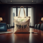 A close-up, cinematic shot of the tote bag resting upright on a polished mahogany boardroom table next to a sleek laptop and a premium metal pen. Deep shadows, warm golden lighting highlighting the texture of the thick canvas and the quality of the print. High contrast.
