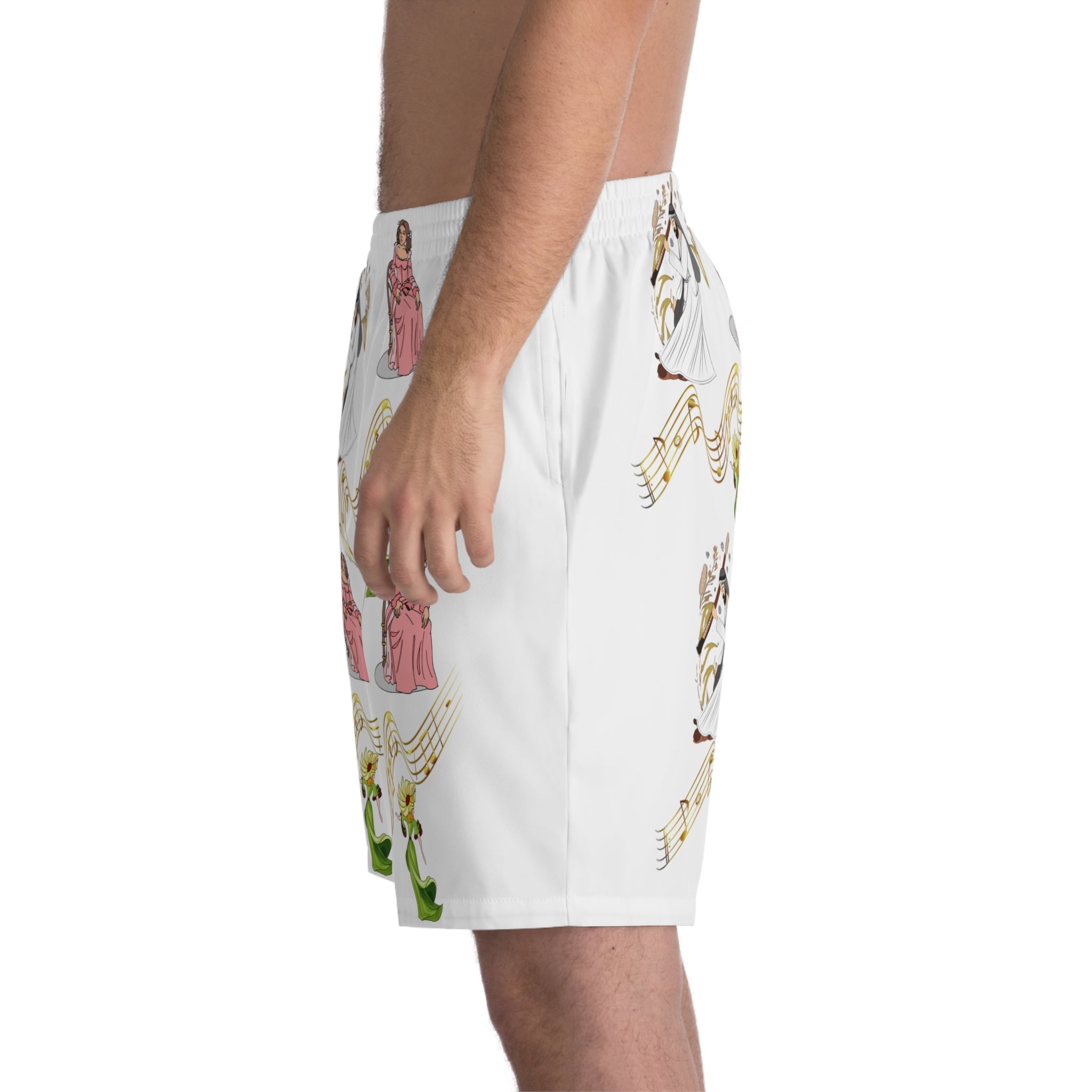 Men's Beach Shorts — Vintage Choir Angel & Musical Notes All-Over Print