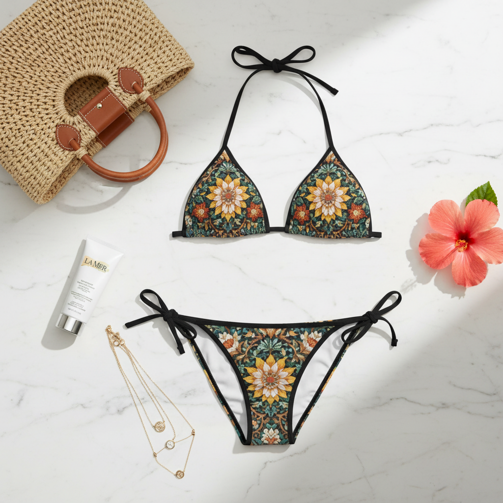 A perfectly curated flat lay on a polished white marble surface. The tie-side bikini is neatly folded next to a bottle of high-end sunscreen (e.g., La Mer), a woven designer beach bag, delicate gold layered necklaces, and a fresh tropical hibiscus flower. The lighting is soft, natural daylight. The aesthetic is clean, luxurious, and aspirational Instagram content.