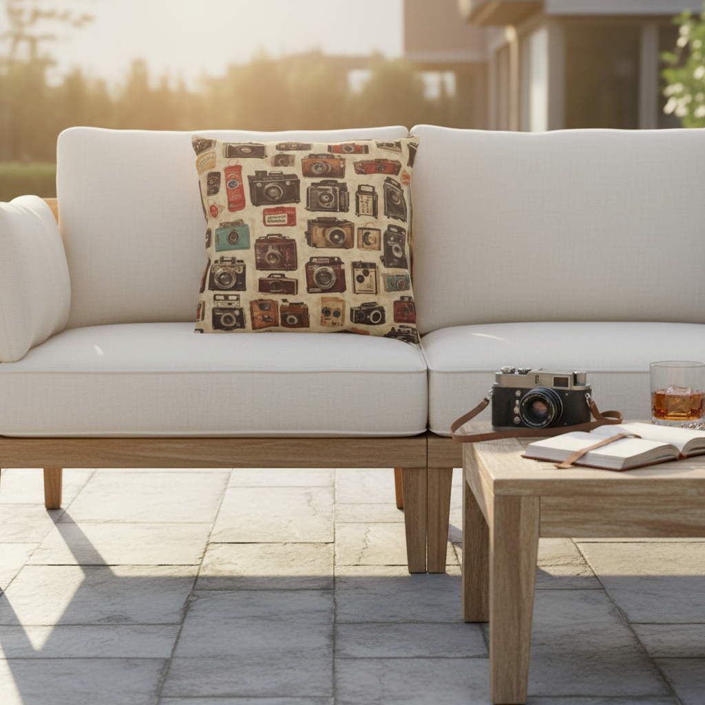 A photorealistic scene on a high-end stone patio at golden hour. A plush, cream-colored outdoor linen sofa features the vintage camera pillow as the centerpiece. On a rustic teak side table next to it sits a real vintage Leica camera, a leather notebook, and a glass of aged whiskey with ice. 