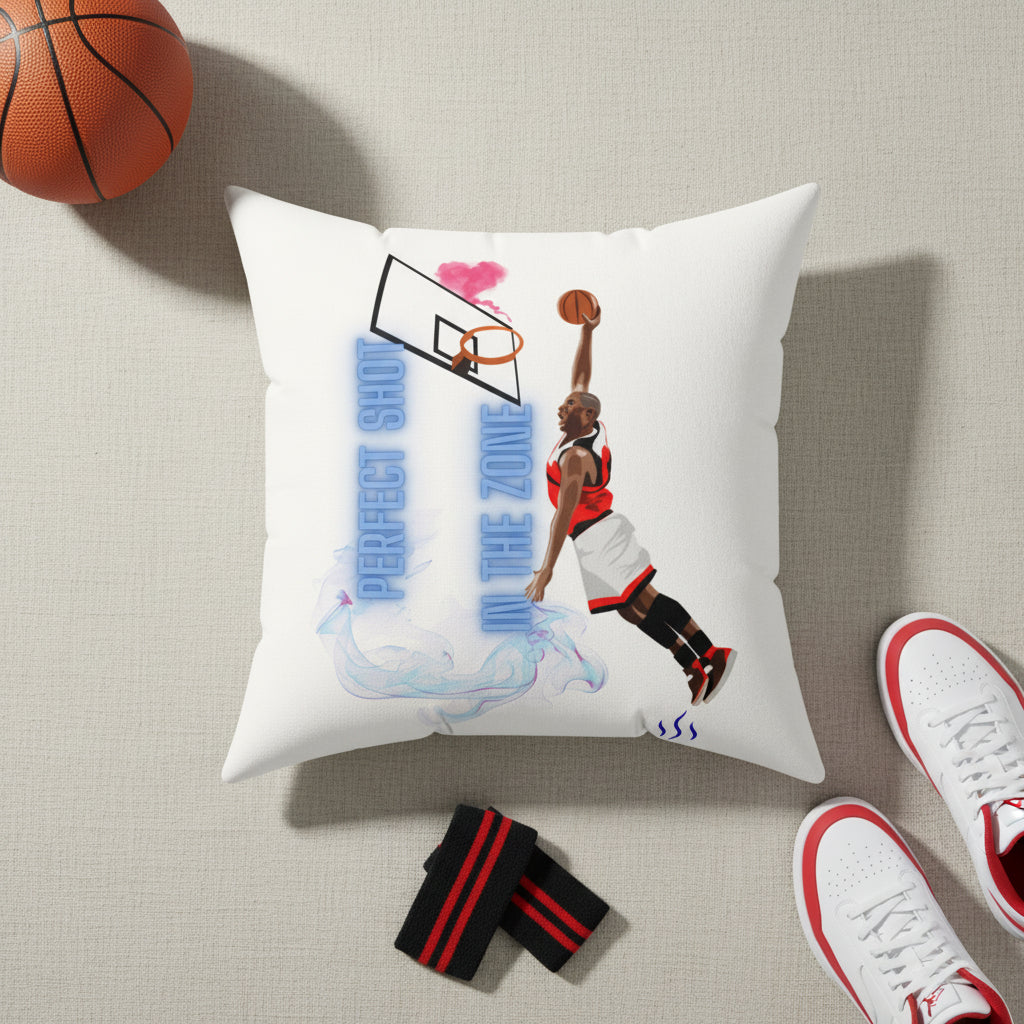 A stylish Instagram flat lay photograph. The Premium Basketball Dunk Pillow is placed on a neutral fabric surface surrounded by basketball themed props including a small basketball, sports wristbands, and sneakers. Natural daylight from above creates a clean social media aesthetic..