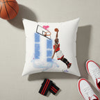 A stylish Instagram flat lay photograph. The Premium Basketball Dunk Pillow is placed on a neutral fabric surface surrounded by basketball themed props including a small basketball, sports wristbands, and sneakers. Natural daylight from above creates a clean social media aesthetic..