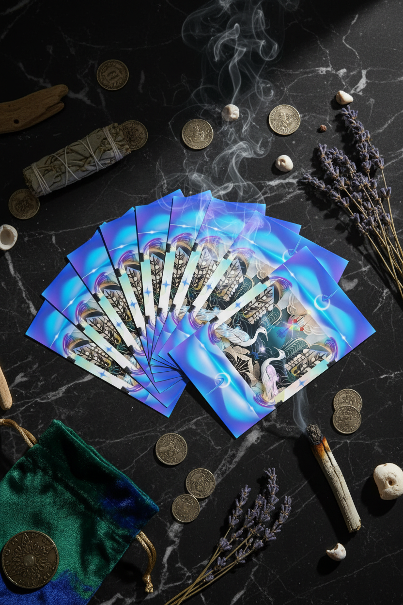  Social Media Prompt
An elegant flat lay on honed black marble. The Midnight Arcana deck is fanned out perfectly, surrounded by antique silver coins, a velvet pouch, and a burning sage smudge stick. The lighting is moody and soft, highlighting the texture of the cards. The aesthetic is dark academia meets luxury occult. Instagram style, high resolution.

