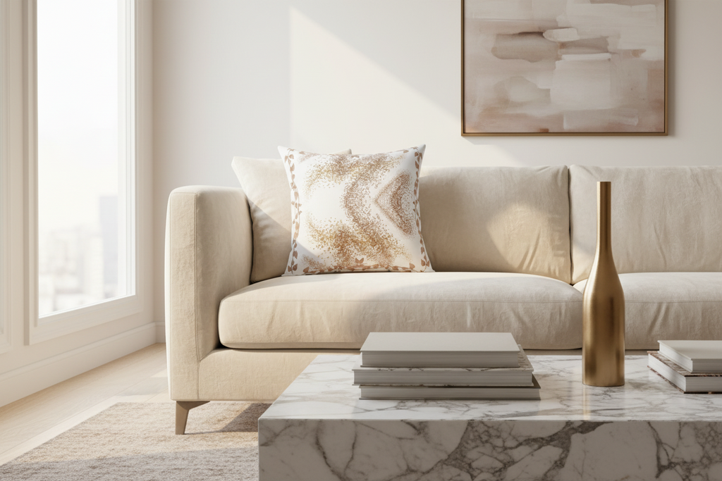 A photorealistic living room scene displaying quiet luxury. A plush, cream-colored velvet sofa holds the Minimal Gold Dust Decorative Pillow. Warm afternoon sunlight streams through a large window, catching the subtle golden shimmer specks on the pillow's textured fabric. An expensive Italian marble coffee table with curated art books and a brushed brass vase is in the foreground. The overall aesthetic is calm, opulent, and refined.