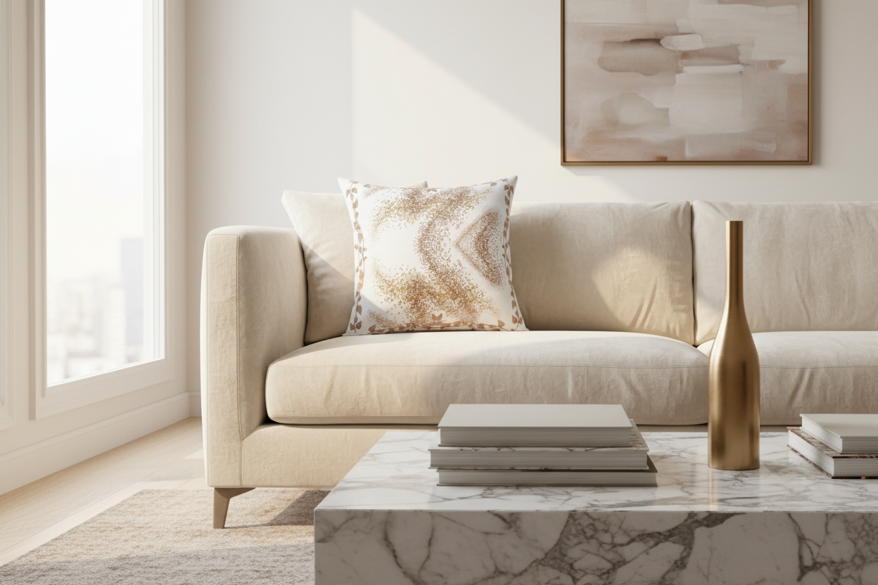 A photorealistic living room scene displaying quiet luxury. A plush, cream-colored velvet sofa holds the Minimal Gold Dust Decorative Pillow. Warm afternoon sunlight streams through a large window, catching the subtle golden shimmer specks on the pillow's textured fabric. An expensive Italian marble coffee table with curated art books and a brushed brass vase is in the foreground. The overall aesthetic is calm, opulent, and refined.