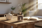 A photorealistic image of the Sufi Serenity candle burning on a rustic reclaimed wood table next to a ceramic teapot and an open, linen-bound book in a sunlit, Japandi-style living room. Soft, natural light streams in, highlighting a wisp of smoke. The atmosphere is calm and luxurious.
Dramatic Ad