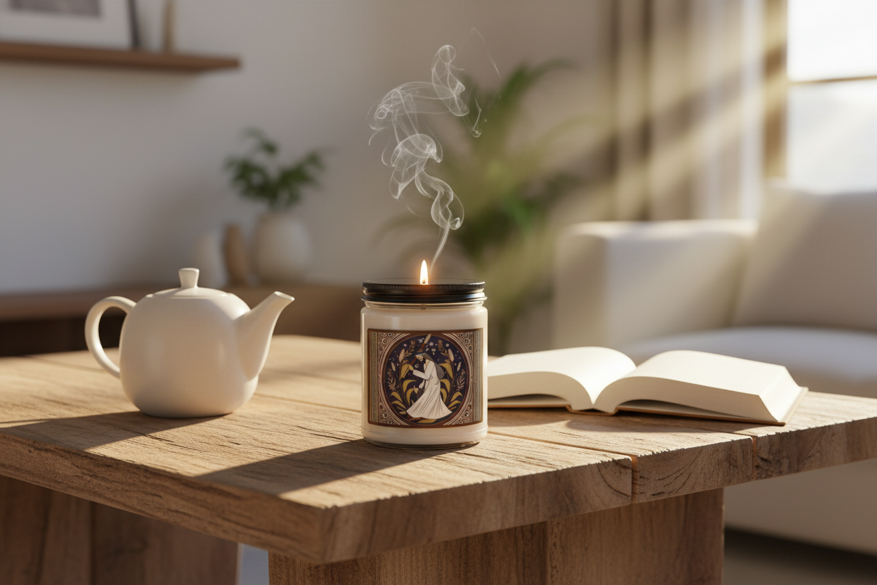 A photorealistic image of the Sufi Serenity candle burning on a rustic reclaimed wood table next to a ceramic teapot and an open, linen-bound book in a sunlit, Japandi-style living room. Soft, natural light streams in, highlighting a wisp of smoke. The atmosphere is calm and luxurious.
Dramatic Ad