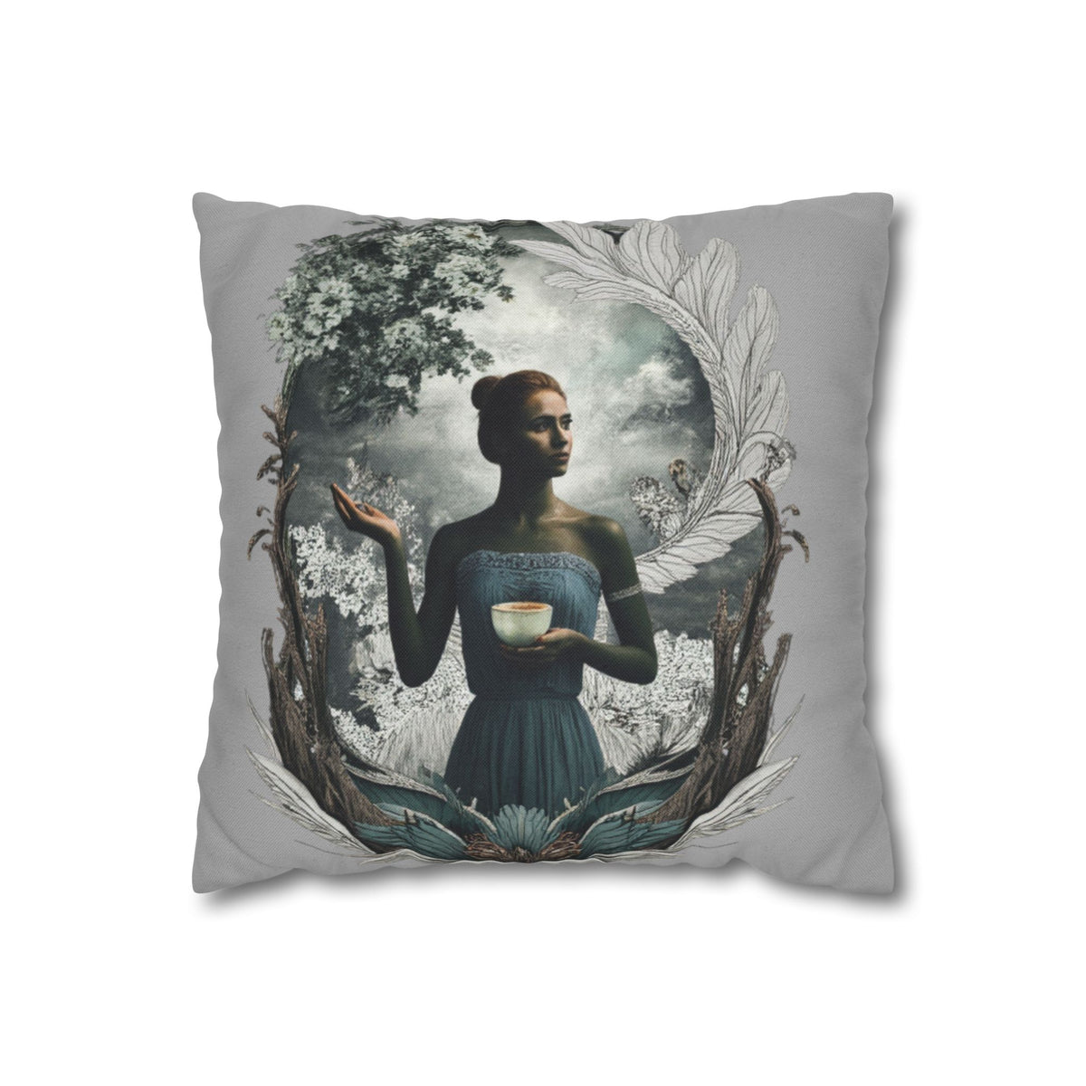 Surreal Woman Holding Teacup Decorative Pillow