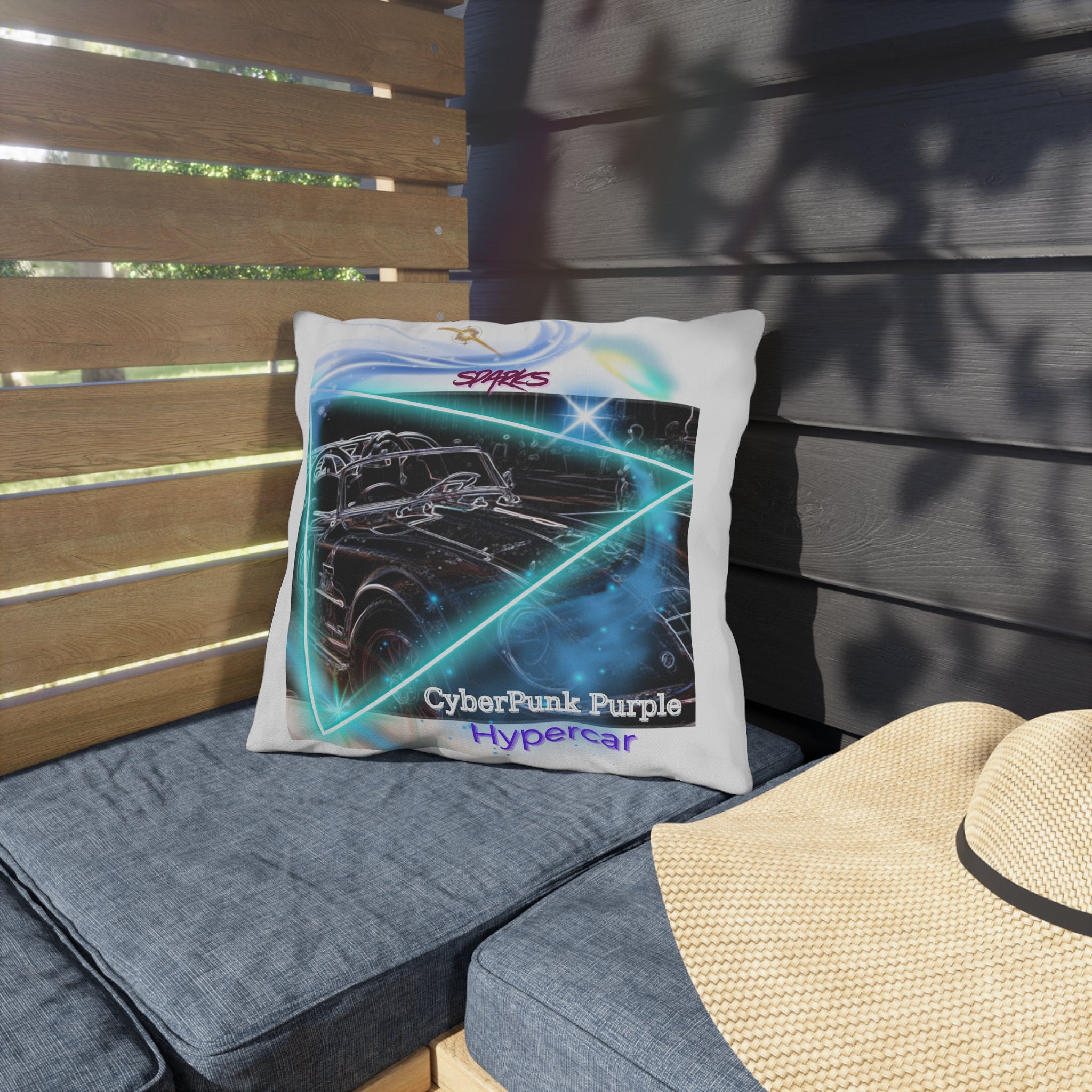 Cyberpunk Purple Hypercar Outdoor Pillow