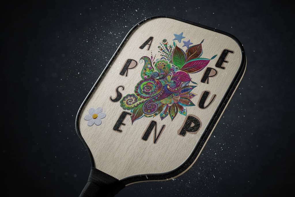 Dramatic Ad:** A close-up, cinematic shot of the Floral Serpent paddle face under focused studio lighting against a deep, dark textured background. The intricate colors of the floral and serpent artwork seem to glow. 