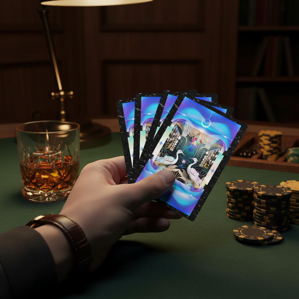 Lifestyle Image Prompt
A photorealistic overhead shot of a high-stakes poker game in a dimly lit, wood-paneled study. Close-up on a hand with a luxury watch holding the Midnight Arcana 'Arcane Pulse' cards, showing the intricate, dark mystical artwork with subtle glowing blue and purple accents. 