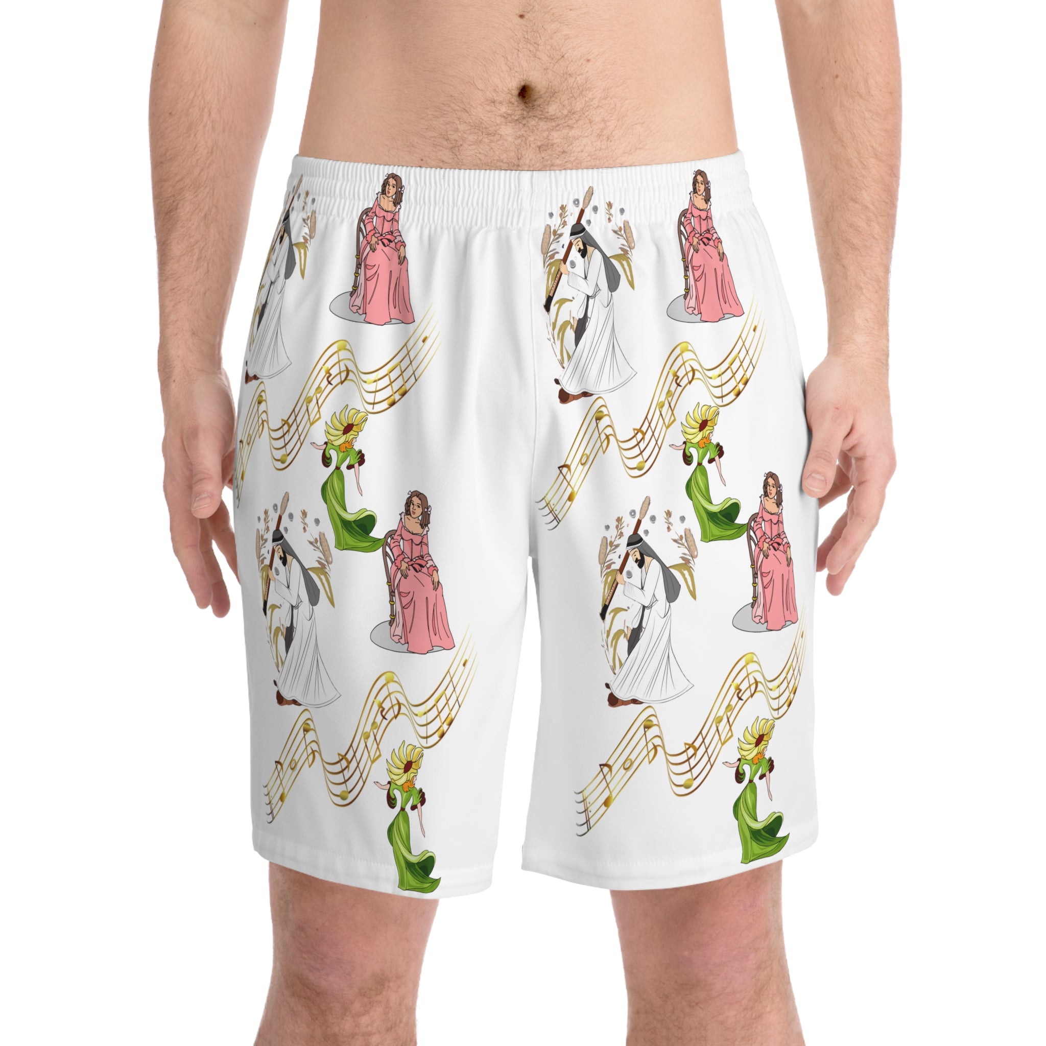 Men's Beach Shorts — Vintage Choir Angel & Musical Notes All-Over Print