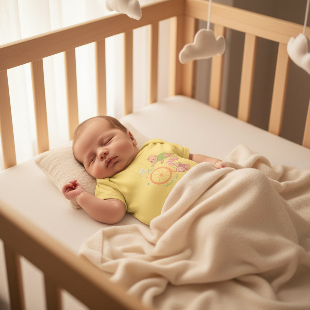  A soft lifestyle nursery scene with warm natural light and a sleeping newborn wrapped in a cashmere blanket.