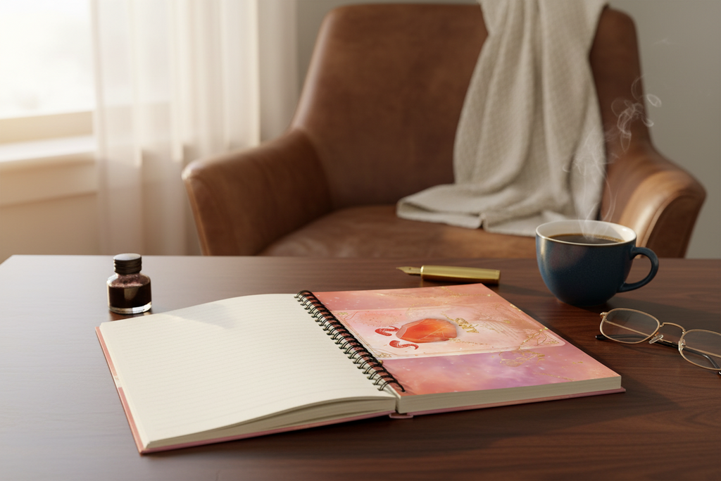  A high-resolution lifestyle photograph of an open Celestial Aries Fire Sign journal resting on a polished dark walnut desk. Next to it are a gold-nibbed fountain pen, a steaming ceramic cup of artisan coffee, and a pair of minimalist reading glasses. In the background, soft natural light from a window illuminates a comfortable leather armchair and a cashmere throw. The paper texture and elegant foil stamping on the notebook cover are clearly visible, conveying luxury and calm sophistication. 
