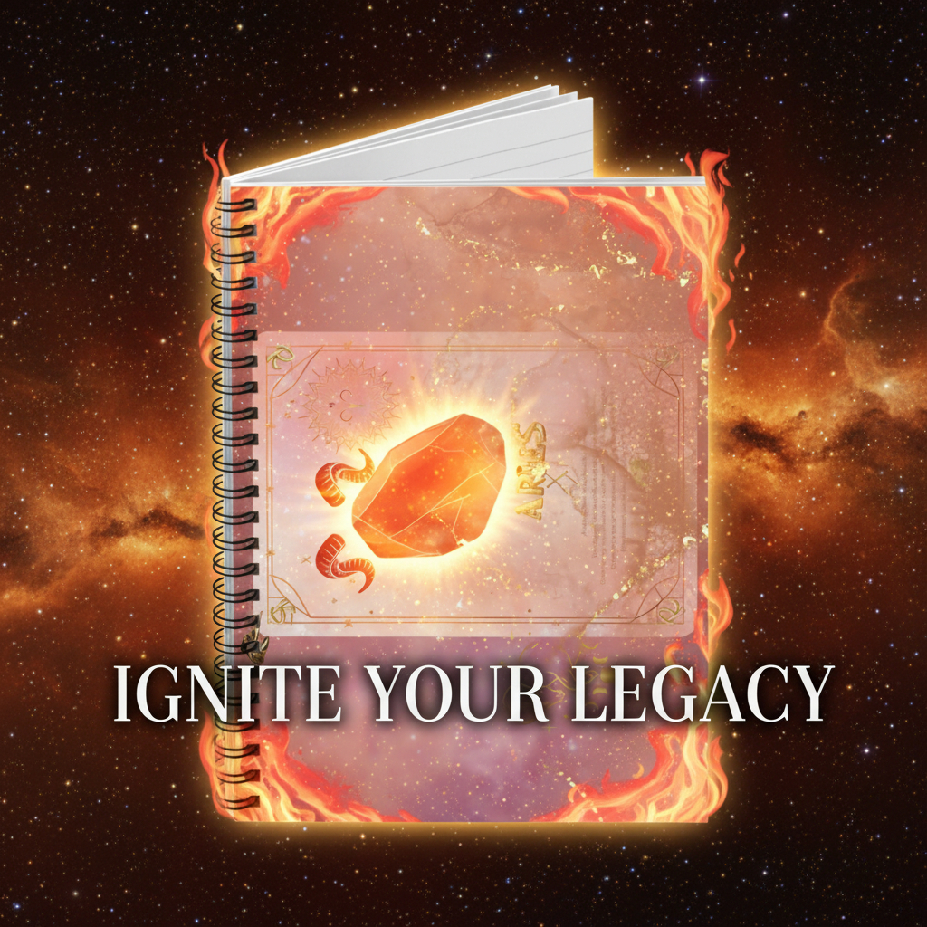 Dramatic Ad Prompt:** A cinematic, dramatic close-up shot of the Aries notebook floating against a deep space nebula background filled with warm oranges, deep reds, and gold stardust. Subtle, stylized flames lick the edges of the notebook without burning it, emphasizing the 'Fire Sign' concept. The Aries ram symbol on the cover glows with an intense, inner golden light. The lighting is dramatic rim lighting, making the object pop. Text overlay in an elegant serif font: 'IGNITE YOUR LEGACY.'