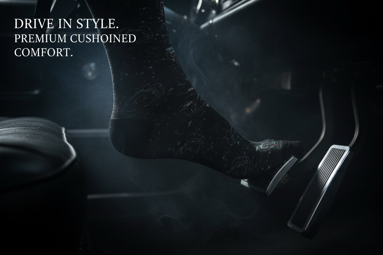 A close-up, high-contrast cinematic shot of the sock on a foot, stepping onto the chrome clutch pedal of a classic muscle car. Smoke billows slightly around the foot. The lighting is moody and intense, highlighting the detailed weave of the car design on the sock and the metallic sheen of the pedal. Text overlay in elegant font: 'DRIVE IN STYLE. PREMIUM CUSHIONED COMFORT.'