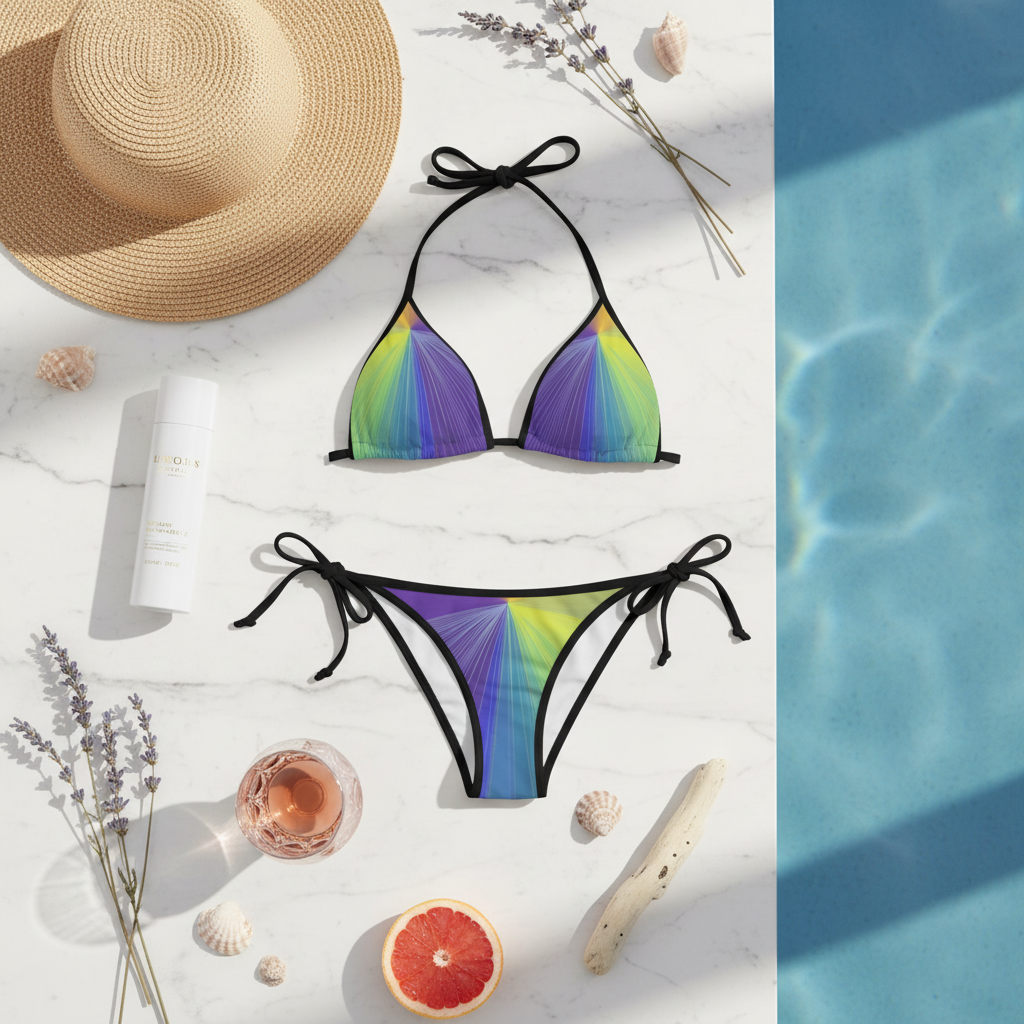 An elegantly composed flat lay shot on a polished white marble surface beside an infinity pool. The Rainbow Fan bikini is laid out neatly next to a bottle of high-end sunscreen lotion, a woven raffia hat, and a crystal glass of rosé with a slice of grapefruit. Natural, soft morning light. High resolution Instagram post style.
