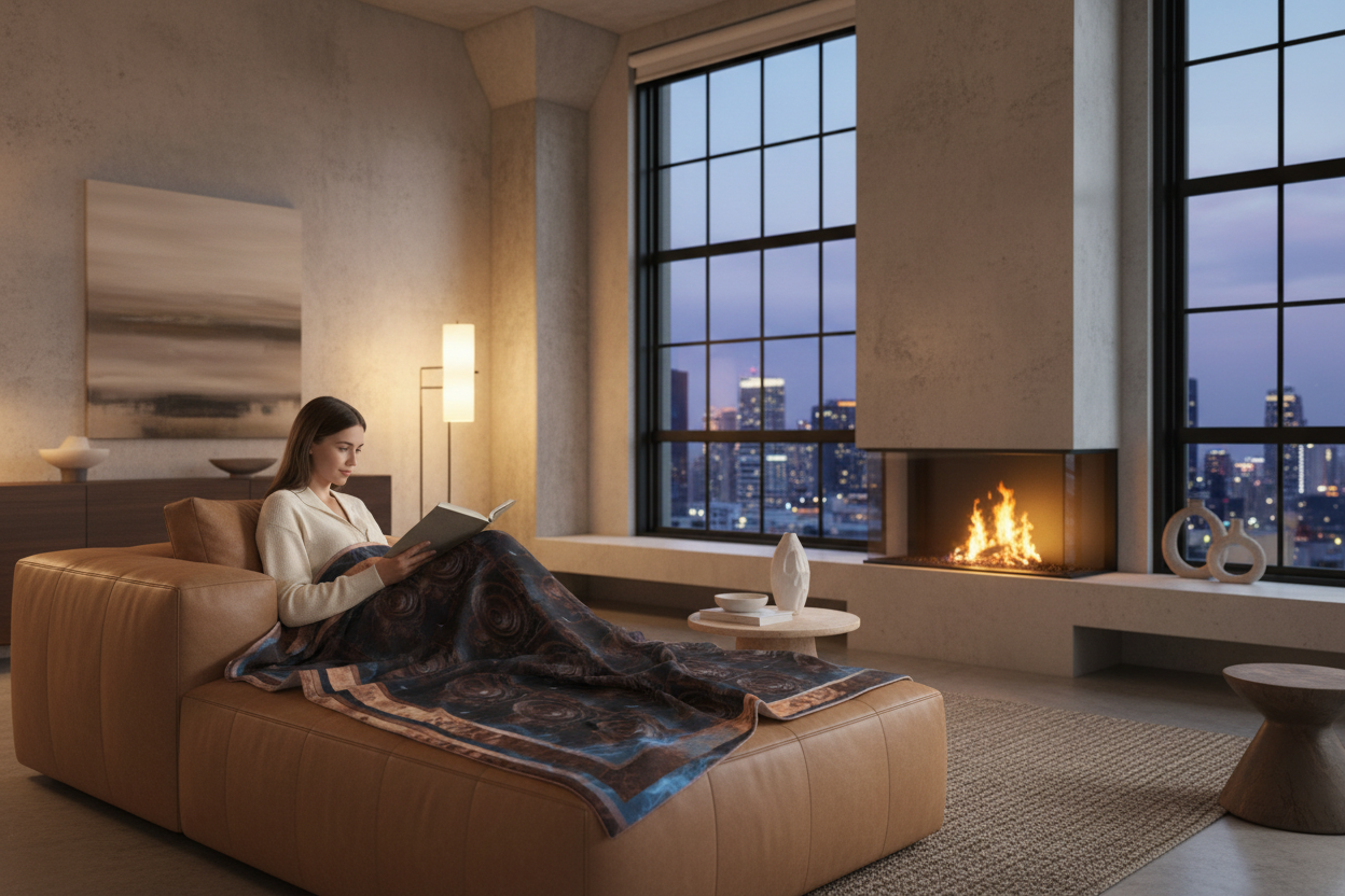 
A photorealistic shot in a luxurious, modern loft apartment. A person in high-end cashmere loungewear is wrapped in the Industrial Soul blanket on a large leather sofa, reading by a modern fireplace. Exposed concrete walls and large industrial windows looking out onto a city skyline at dusk. Warm, golden ambient lighting.