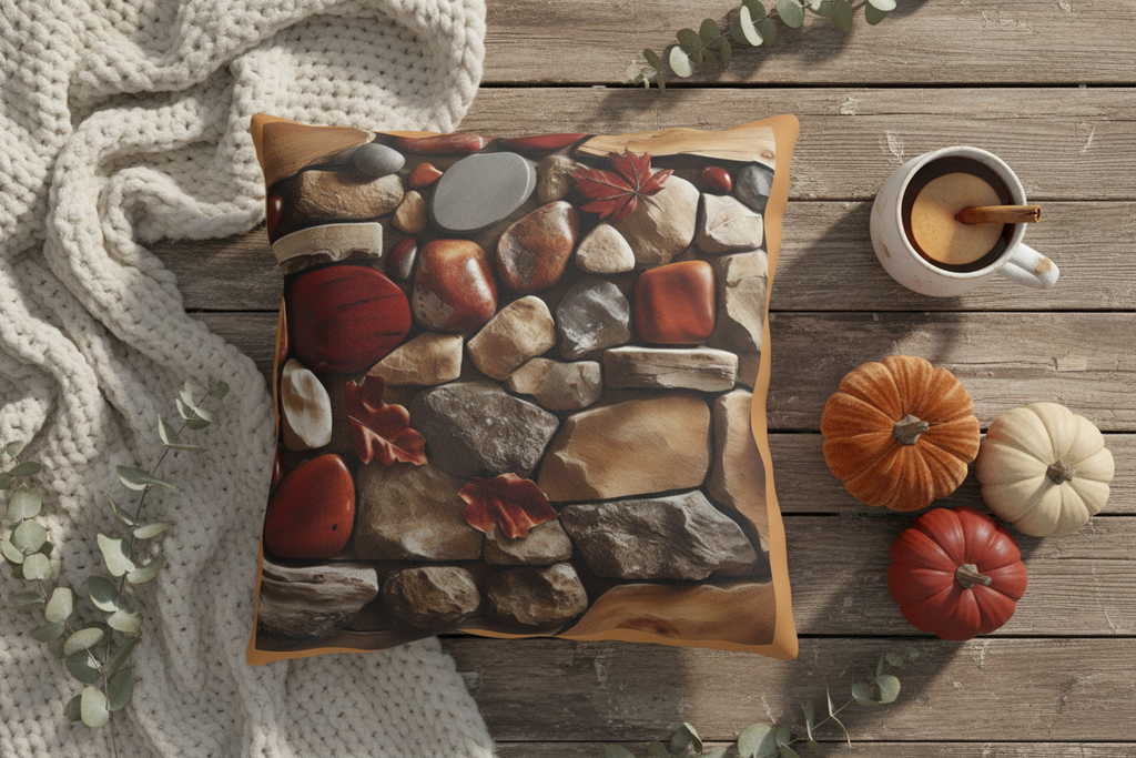 A stylish Instagram-ready flat lay shot. The 'Autumn Stone Path Outdoor Pillow' is central, surrounded by curated fall items: a chunky knit cream blanket, a steaming ceramic mug of cider, artisan pumpkins, and dried eucalyptus branches on a rustic wooden deck surface. Natural, soft light.
