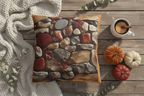 A stylish Instagram-ready flat lay shot. The 'Autumn Stone Path Outdoor Pillow' is central, surrounded by curated fall items: a chunky knit cream blanket, a steaming ceramic mug of cider, artisan pumpkins, and dried eucalyptus branches on a rustic wooden deck surface. Natural, soft light.
