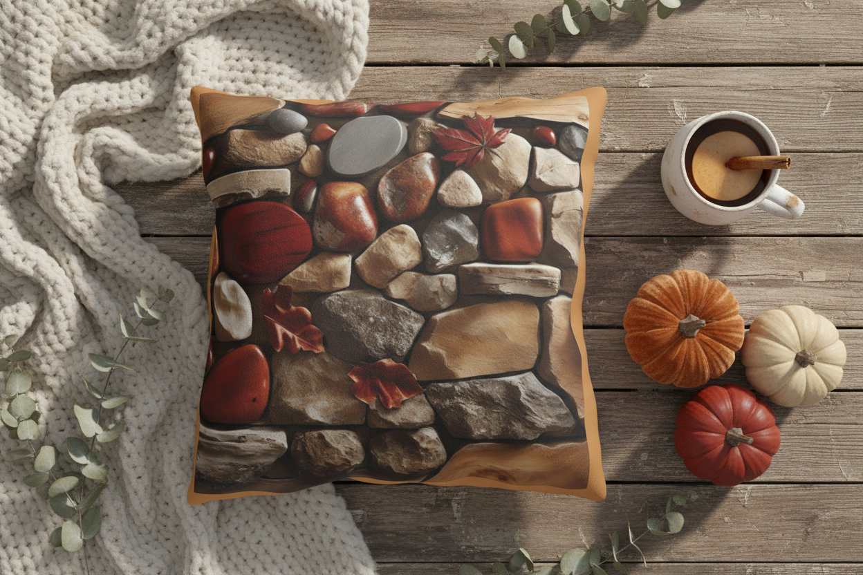A stylish Instagram-ready flat lay shot. The 'Autumn Stone Path Outdoor Pillow' is central, surrounded by curated fall items: a chunky knit cream blanket, a steaming ceramic mug of cider, artisan pumpkins, and dried eucalyptus branches on a rustic wooden deck surface. Natural, soft light.
