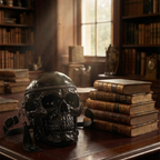 A shiny black skull bag sitting among dusty shelves in an old library.