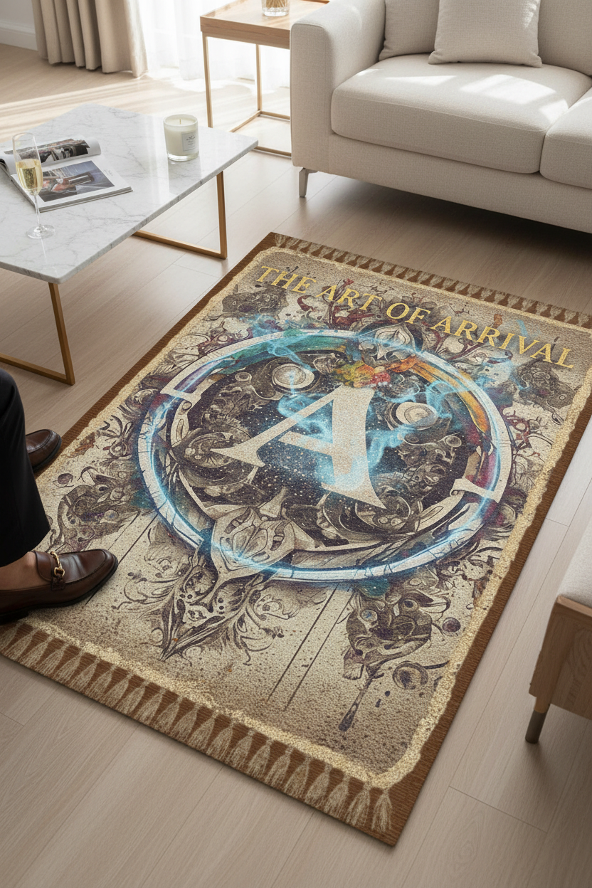 An Instagram-style lifestyle shot featuring the rug in a chic, curated living room. A person wearing stylish designer loafers is stepping onto the edge of the rug. A glass of champagne, a luxury candle, and a design magazine are on a nearby marble coffee table. The composition is elevated and aspirational.