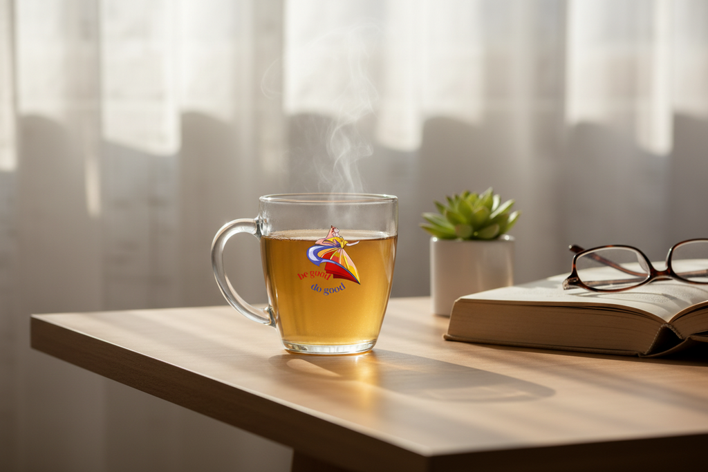 A lifestyle photograph of the 15.5 oz clear glass mug with "be good / do good" colorful engraved design, placed on a minimalist wooden table next to a window. Soft natural morning light streams through sheer curtains. The mug is filled with golden herbal tea. A small potted succulent plant and an open book are artfully arranged nearby. Warm, cozy atmosphere with neutral tones. Shallow depth of field, editorial style photography, Instagram aesthetic.
