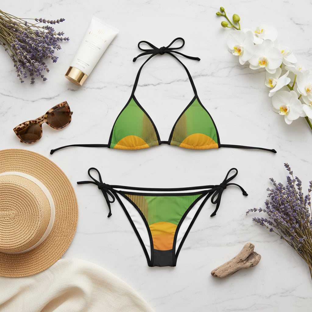 A high-quality flat lay composition on a white marble surface. The green and orange triangle bikini is neatly arranged alongside premium accessories: designer sunglasses, a woven straw hat, sun protection, and tropical orchids. Natural, soft daylight.