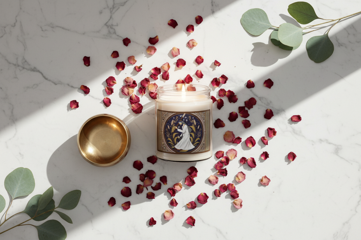 A high-quality flat lay composition on a polished marble countertop. The Sufi Serenity candle is central, surrounded by artfully arranged dried rose petals, a small brass singing bowl, and fresh eucalyptus branches. Natural light, high contrast, elegant aesthetic suitable for Instagram.