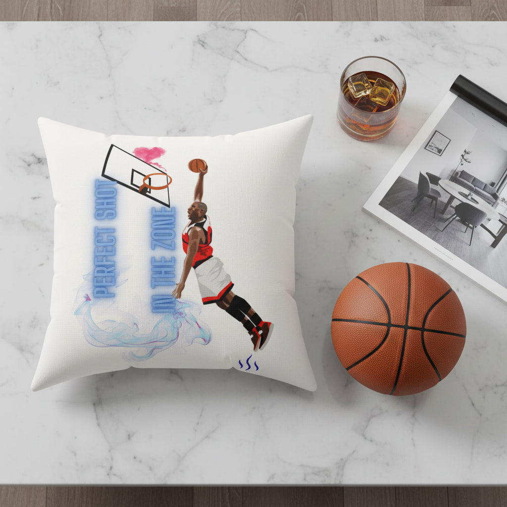  A high-quality, photorealistic flat lay on a polished marble coffee table. The basketball dunk pillow is centrally placed next to a vintage leather basketball, a crystal glass of whiskey on the rocks, and an open, high-end architectural digest magazine. The aesthetic is clean and luxurious.
