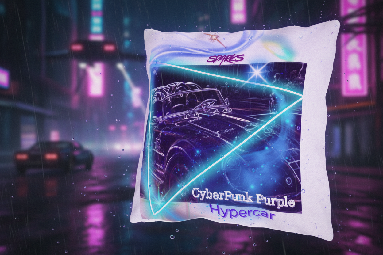 A cinematic close-up of the pillow against a blurred, rain-slicked futuristic street at night. The purple hypercar art glows intensely, seeming to project light onto the textured, water-repellent fabric. The background is a bokeh of neon signs and flying vehicles. High contrast, moody lighting.
