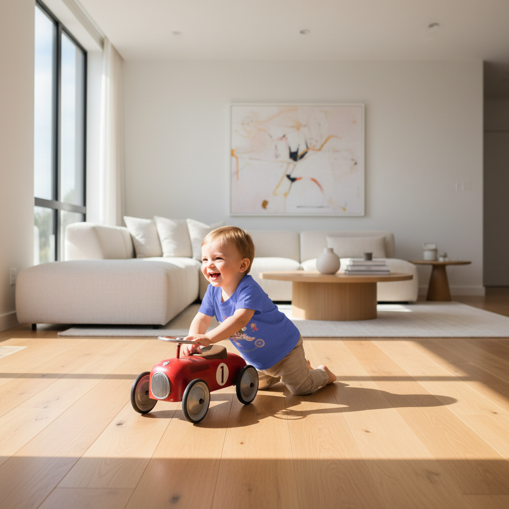 A candid sunlit photograph of a happy two year old pushing a vintage metal toy car on a polished wooden floor in a stylish modern minimalist living room. 