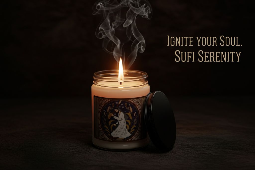 A moody, cinematic close-up of the candle flame in a dark, textured environment. Smoke curls elegantly upwards, backlit to reveal elegant patterns. The glass jar glints. The overall color palette is deep amber, charcoal, and gold. Text overlay: 'IGNITE YOUR SOUL. SUFI SERENITY.' Premium and mysterious vibe.