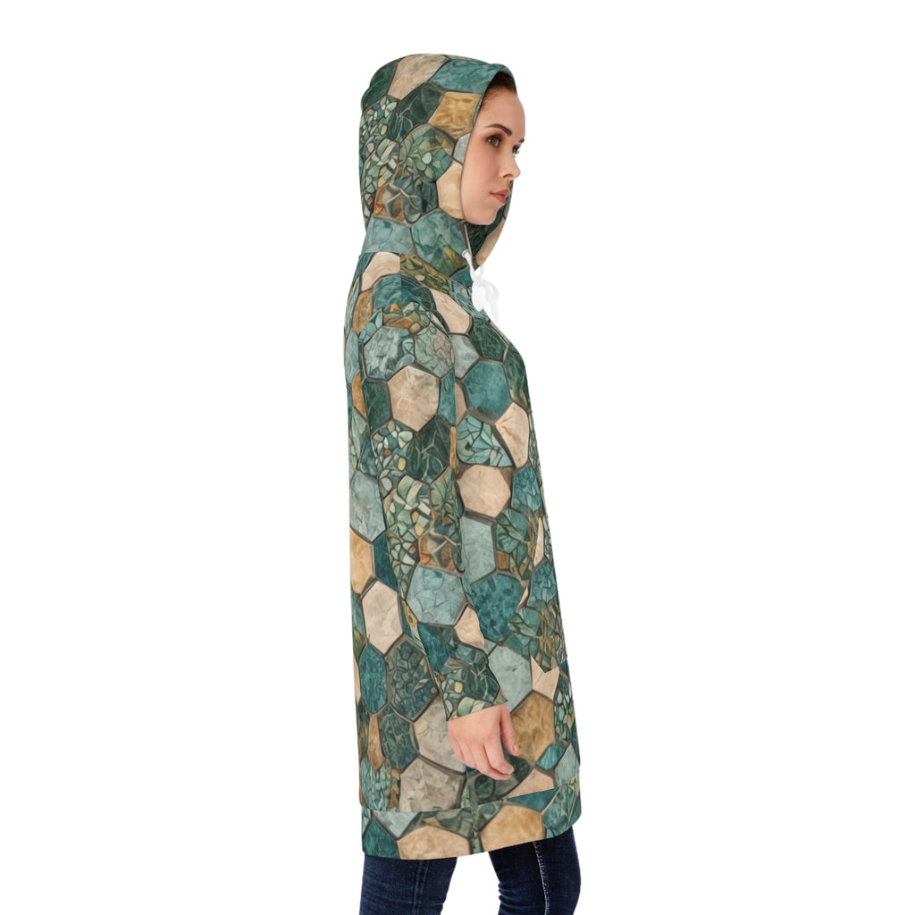 Geometric Teal Hex Tile Hoodie Dress — All-Over Print Cozy Tunic