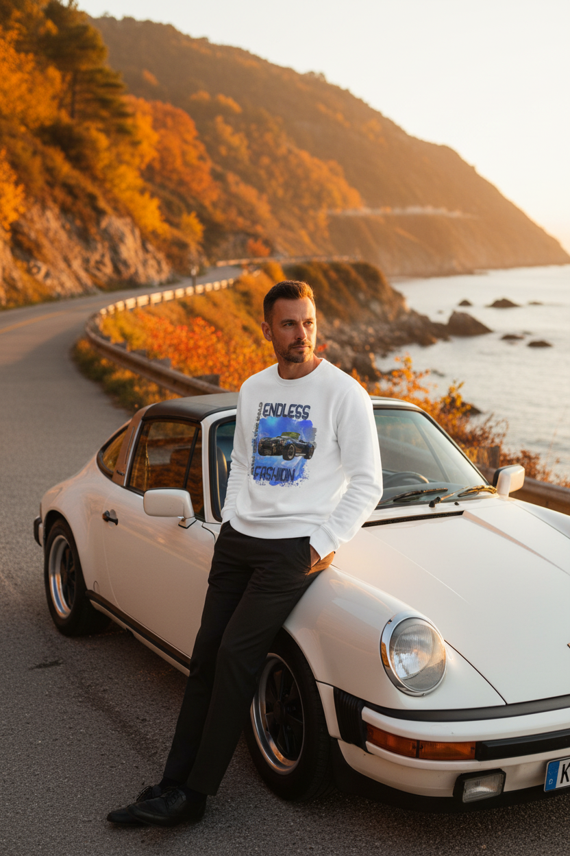 A sophisticated man in his late 30s, wearing the premium sports car crewneck, leaning casually against a vintage Porsche 911 Targa in a scenic, autumnal coastal drive setting during golden hour. The lighting is warm, highlighting the texture of the sweatshirt fabric and the car's paint. 