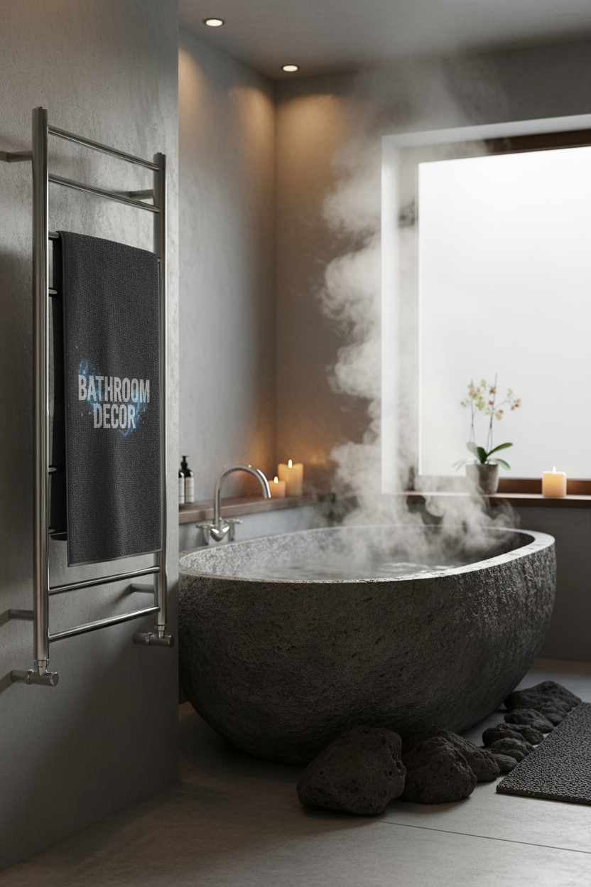 A luxurious bathroom scene. A plush charcoal grey spa towel is draped elegantly over a heated chrome towel rack next to a steaming, freestanding stone soaking tub. Volcanic rock decor, warm dim lighting, and visible steam creating a serene atmosphere. Photorealistic.