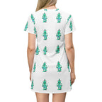 Robot Pattern T-Shirt Dress — Retro Teal Bot All-Over Print