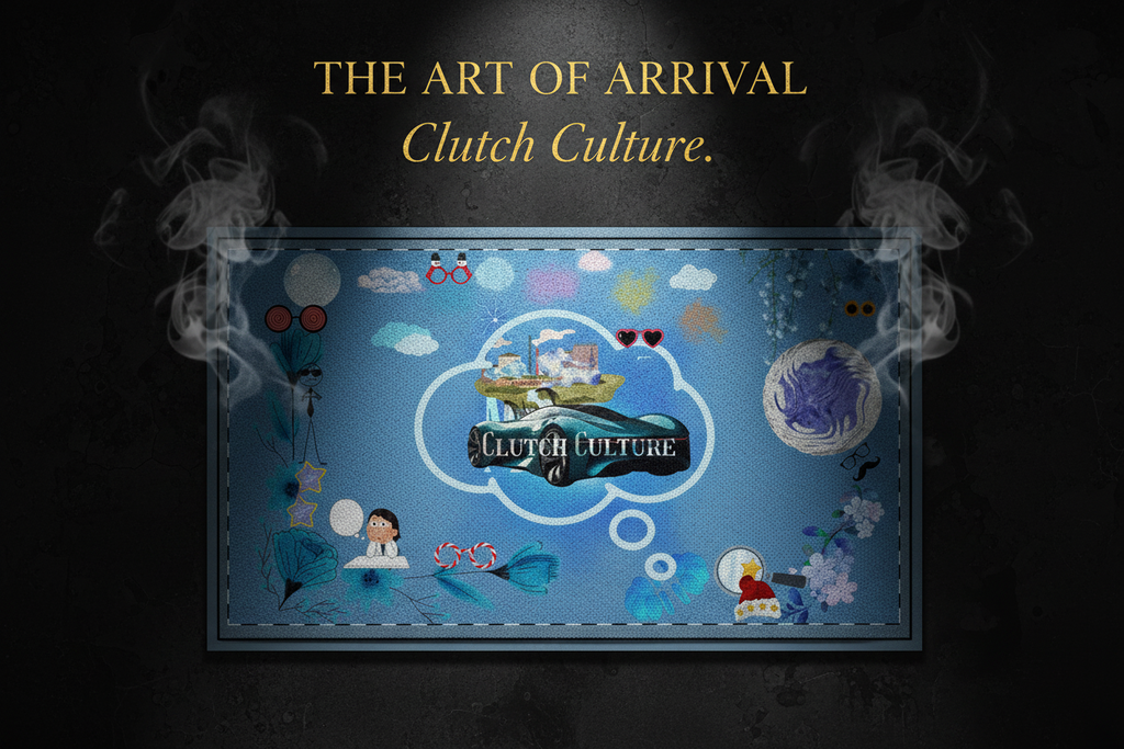  Dramatic Ad: A cinematic close-up shot of the doormat under dramatic spotlighting against a dark, textured background. Steam or smoke subtly rises around the edges of the mat. The surreal automotive design seems to glow faintly. The texture of the premium material is palpable. Text overlay in elegant gold font: "THE ART OF ARRIVAL. Clutch Culture." 