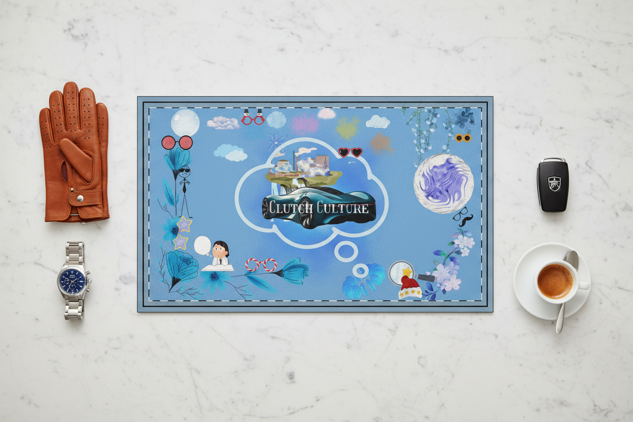  Social Media: An overhead flat-lay shot perfect for Instagram. The doormat is surrounded by curated premium automotive lifestyle items: vintage leather driving gloves, a chronograph watch, a classic car key fob, and an espresso cup. The composition is clean and balanced on a stone surface.