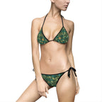 Discover the Verdant Mosaic Tie-Side Bikini. A premium green floral swimsuit featuring intricate patterns for a sophisticated resort look. Shop now.