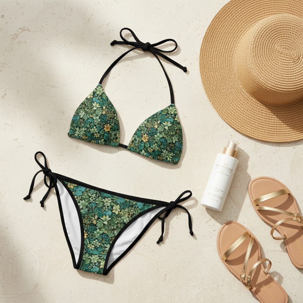 A vibrant, high-resolution flat lay on a textured cream stone surface. The green floral mosaic bikini set is arranged next to a woven raffia sun hat, a bottle of high-end sunscreen, and a pair of gold sandals. Bright, natural daylight. Instagram aesthetic. Photorealistic.