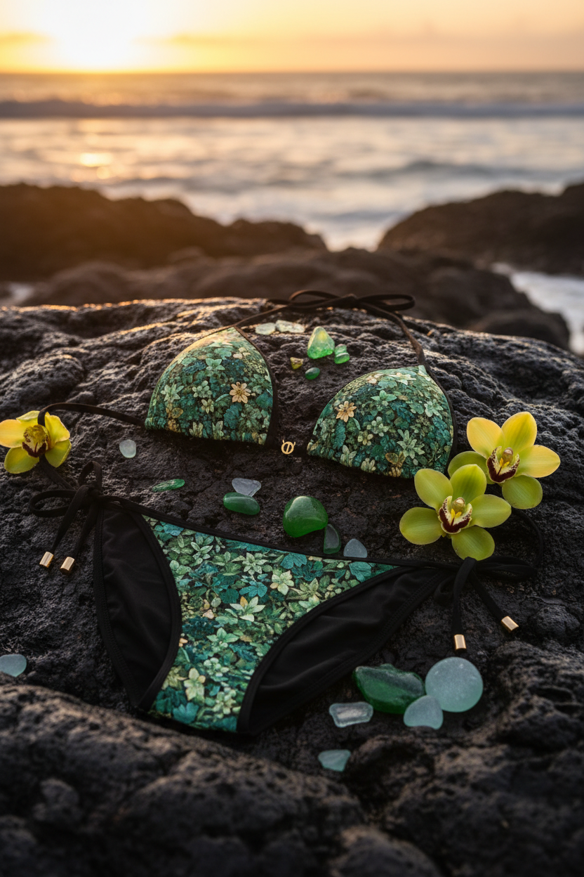  A high-fashion editorial shot at sunset on a secluded beach. The green floral mosaic bikini is laid out artfully on dark, wet volcanic rock, surrounded by exotic green orchids and scattered sea glass. Golden hour light glints off the fabric and metallic tie-ends. Close-up, cinematic focus. Photorealistic. 
