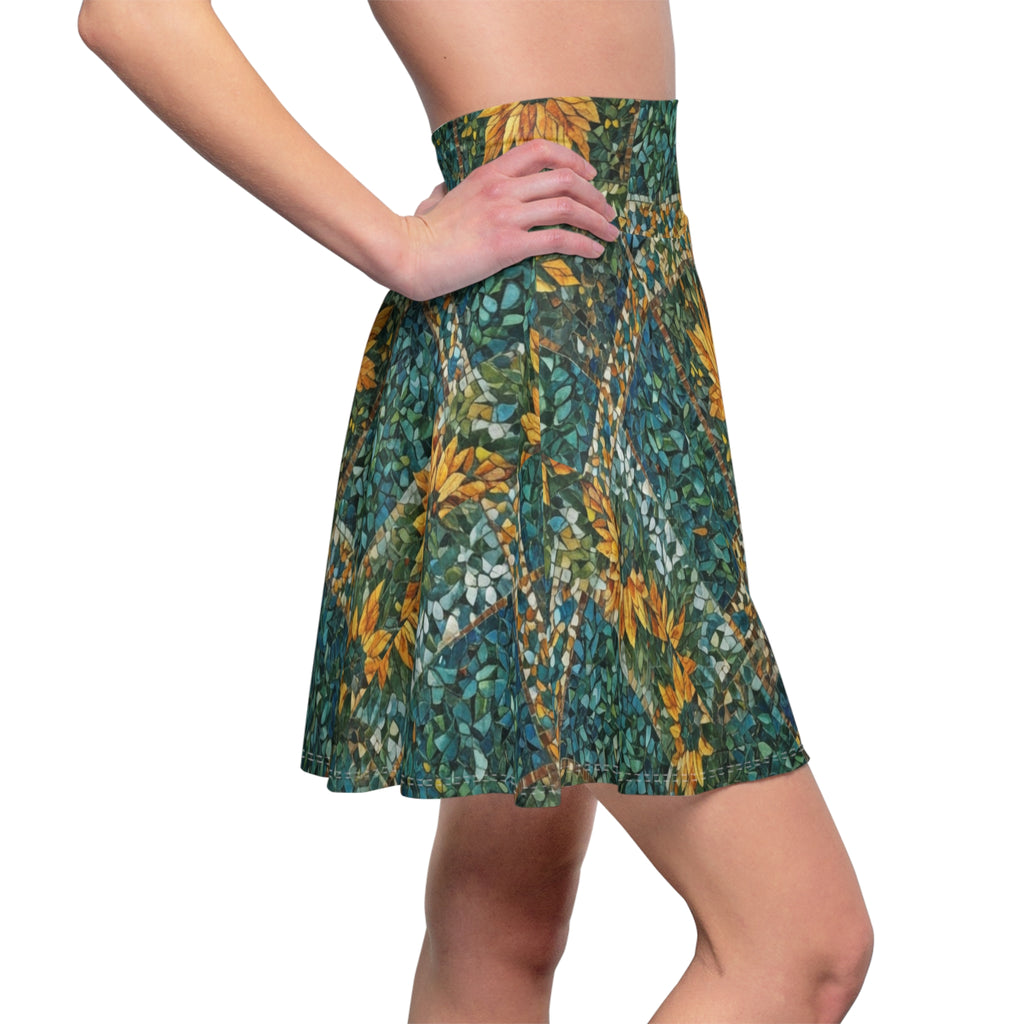 Studio photography of a high-waisted skater skirt with an intricate sunflower mosaic pattern, clean white background, editorial style, dramatic lighting on the fabric texture.