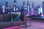 A photorealistic evening shot of a luxurious, modern concrete patio overlooking a neon-lit city skyline. The Cyberpunk Purple Hypercar Outdoor Pillow is perfectly placed on a designer charcoal outdoor sofa, reflecting the pink and purple hues of hidden LED strip lighting. A glass of aged whiskey sits on a nearby teak table. 
 