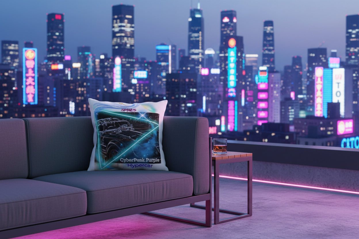 A photorealistic evening shot of a luxurious, modern concrete patio overlooking a neon-lit city skyline. The Cyberpunk Purple Hypercar Outdoor Pillow is perfectly placed on a designer charcoal outdoor sofa, reflecting the pink and purple hues of hidden LED strip lighting. A glass of aged whiskey sits on a nearby teak table. 
 